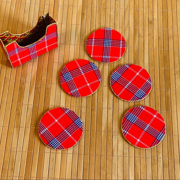 Vintage Handmade Plaid & Caning 5 pc + Holder Coasters Set - Picture 7 of 8